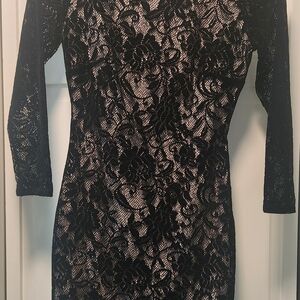 Moda International Black Lace Long-Sleeve Sheath Dress with Nude Lining